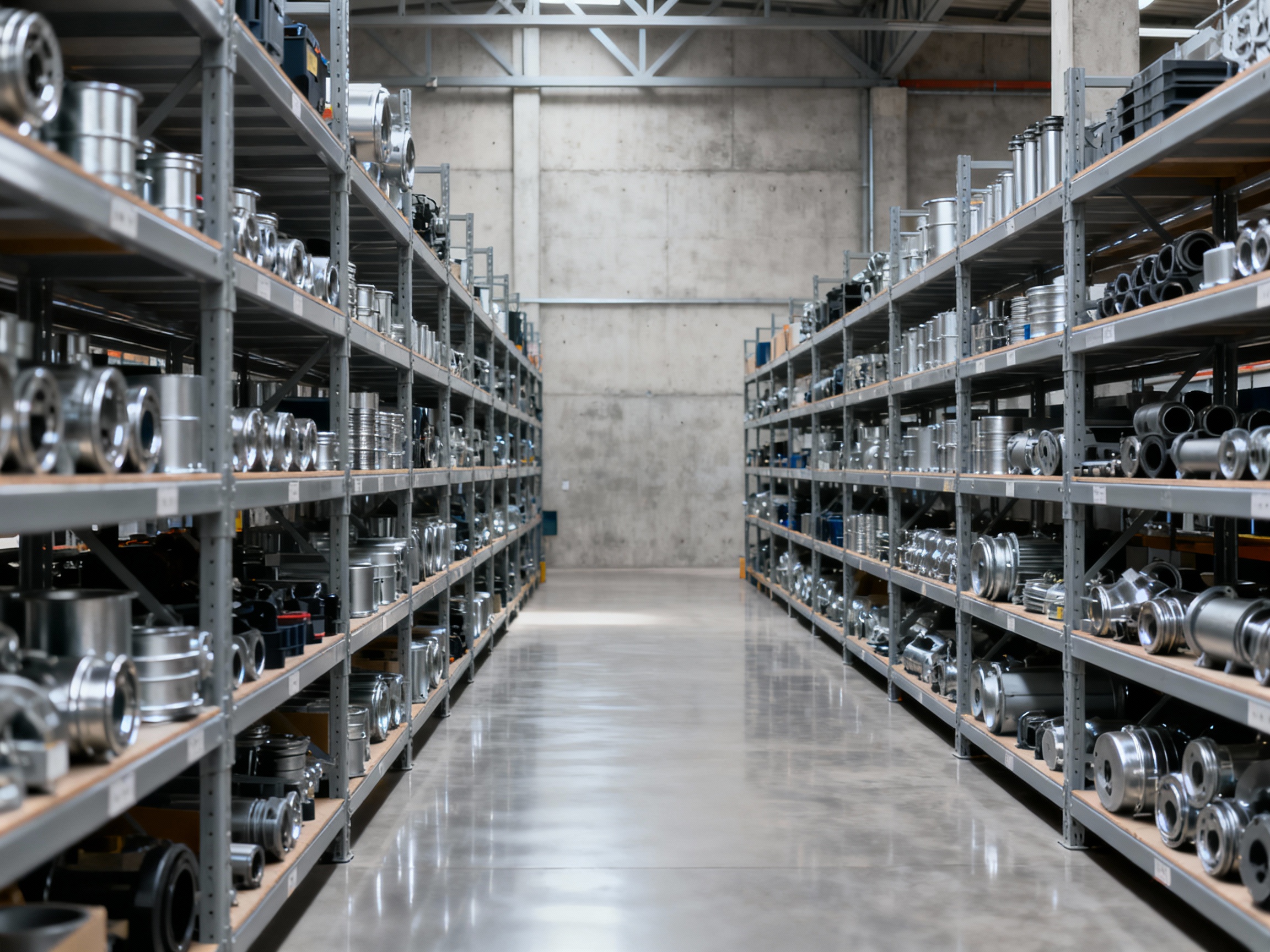 Warehouse with shelves of spare parts.